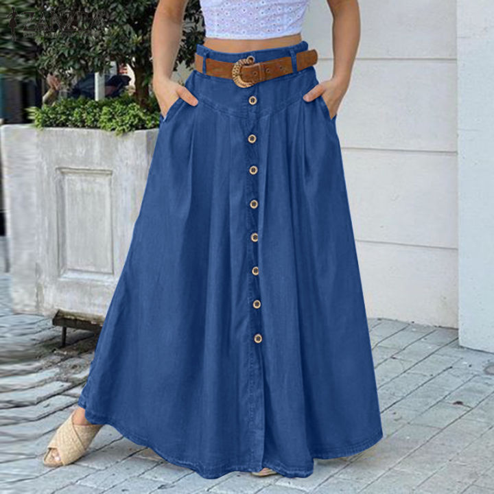 ZANZEA%20Womens%20Pleated%20Button%20Down%20Skirts%20A%20Line%20Flare%20Swing%20Solid%20Long%20Maxi%20Skirts%20-%20Image%204