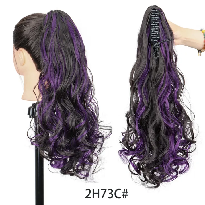 18%20Inch%20Long%20Curly%20Wig%20with%20Deep%20Purple%20Red%20Sky%20Blue%20Ponytail%20and%20Large%20Claw%20Clip%20Synthetic%20Fake%20Ponytail%20Extension%20-%20Image%205