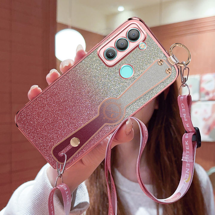 For Tecno POP 5 LTE BD4 BD4i BD4a Pop 5 Pro BD4j BD4h Flash powder electroplating Wrist strap bracket Phone Case Whit lanyard