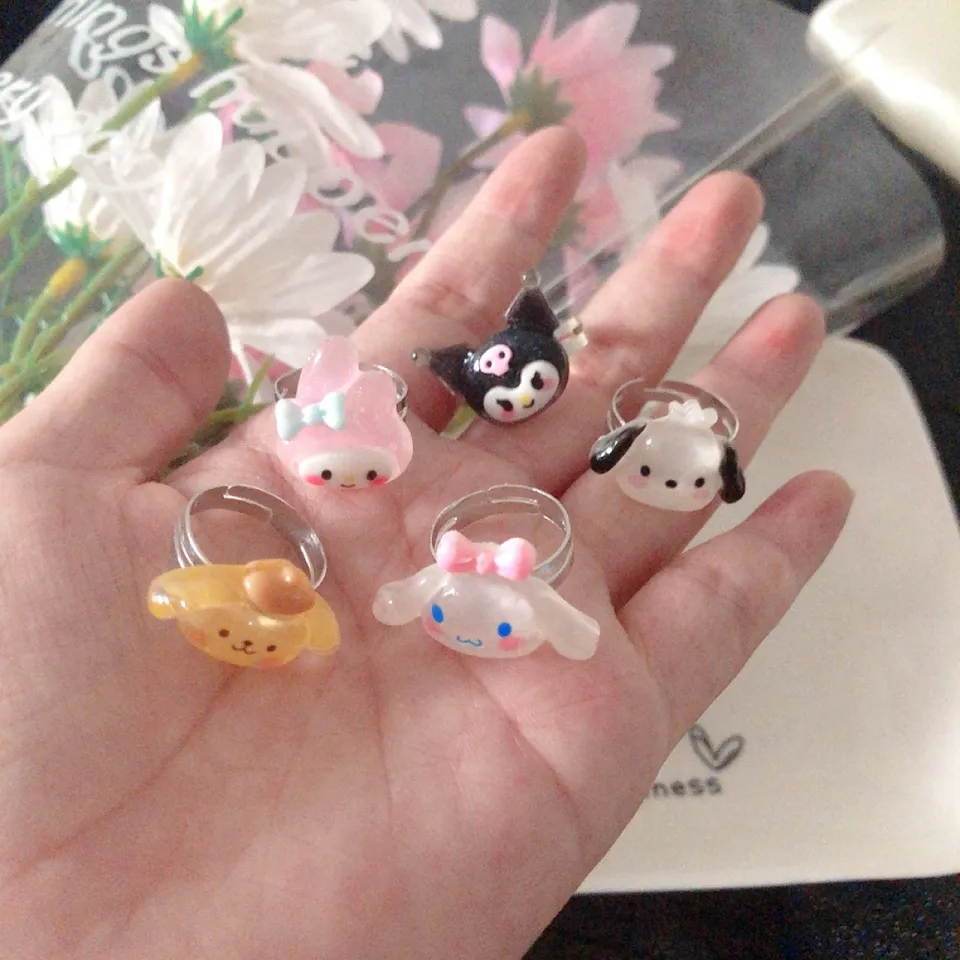 Kawaii Sanrio Resin Ring Baku Kuromi Couple Ring Bow Student