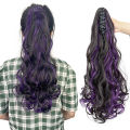 18 Inch Long Curly Wig with Deep Purple Red Sky Blue Ponytail and Large Claw Clip Synthetic Fake Ponytail Extension.