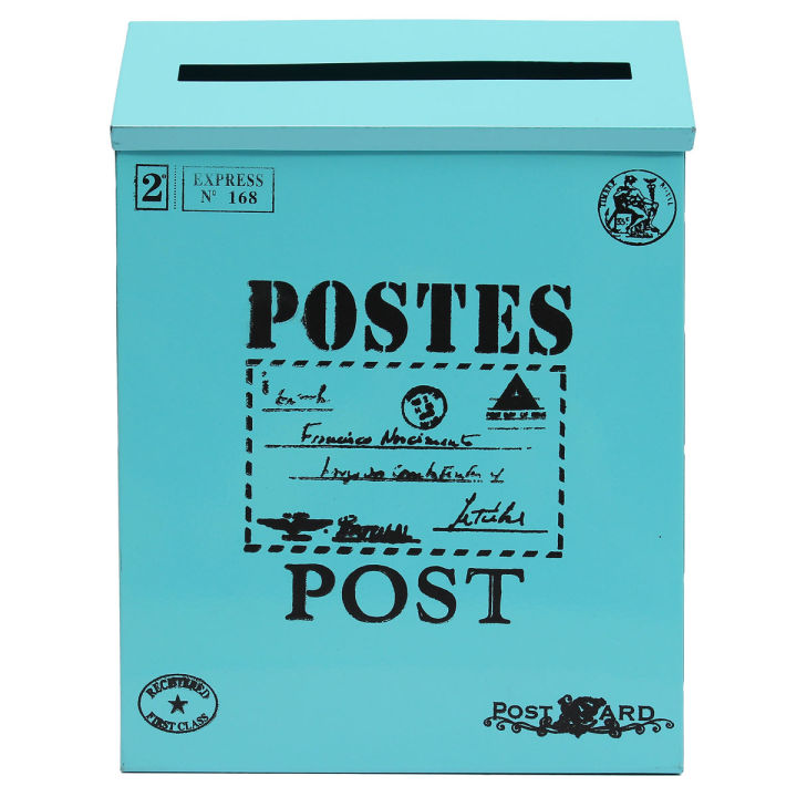 Metal Tin Locking Waterproof Post Card Mailbox Vintage Wall Hanging Mail Box New Blue - blue