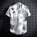 Bonnieleon Men's Retro Short Sleeve Shirt Summer Newspaper Print Loose T Shirt Hawaiian Beach Casual Lapel Tops. 