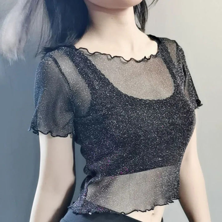 shemi%20O-Neck%20Short%20Sleeve%20Sheer%20Trim%20Crop%20Top%20Women%20See-through%20Glitter%20Mesh%20Tee%20Shirt%20Streetwear%20Trendy%20Women%20T-shirt%20-%20Image%203