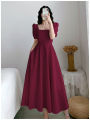 Women Korean Hepburn Style Square Neck Puff Sleeve Temperament Thin A e Skirt Long Dress Black White Red. 