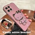 Luxury For Honor X8c X8b X8A X8 4G X8 5G Back Cover with Cute Cat Makeup Mirror Bracket Luxury 6D Plating Frame Shiny Case Soft Silicone Square Stand Phone Cases for Girls. 