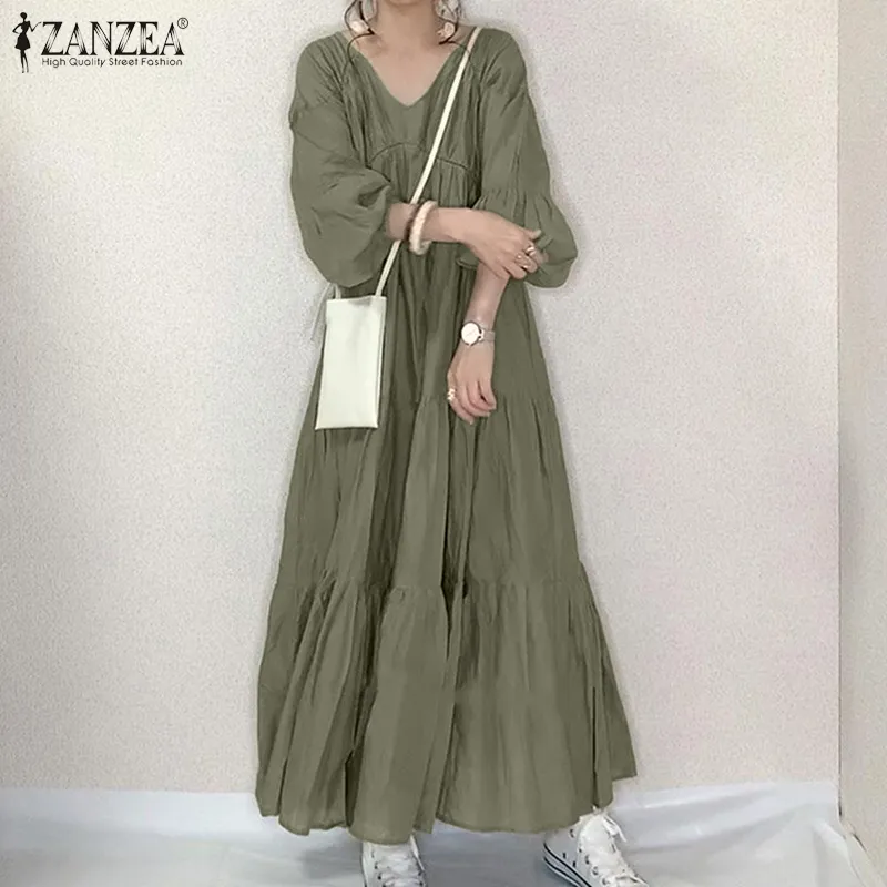 ZANZEA Korean Style Women V Neck Puff Sleeve Tiered Layered Kaftan Abaya  Long Maxi Dress | Daraz.pk
