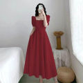 Women Korean Hepburn Style Square Neck Puff Sleeve Temperament Thin A e Skirt Long Dress Black White Red. 