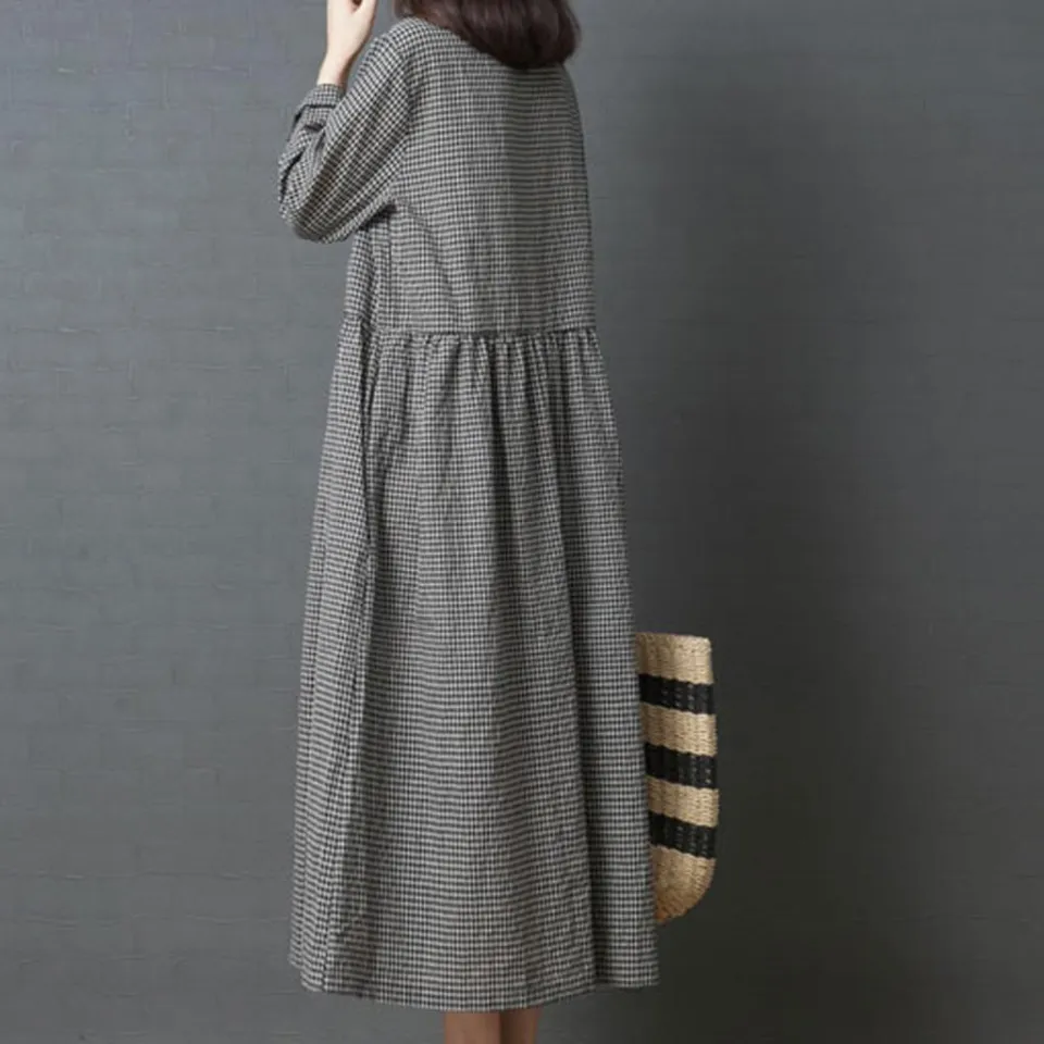 Women Long Dress Big Code Girl Japanese Style Linen Long Sleeve Checked Dress Daraz.pk