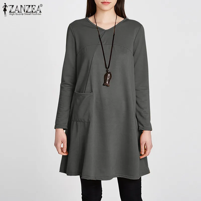 ZANZEA Women Casual Long Sleeve Tunic Top Blouse Tee Shirt Plus