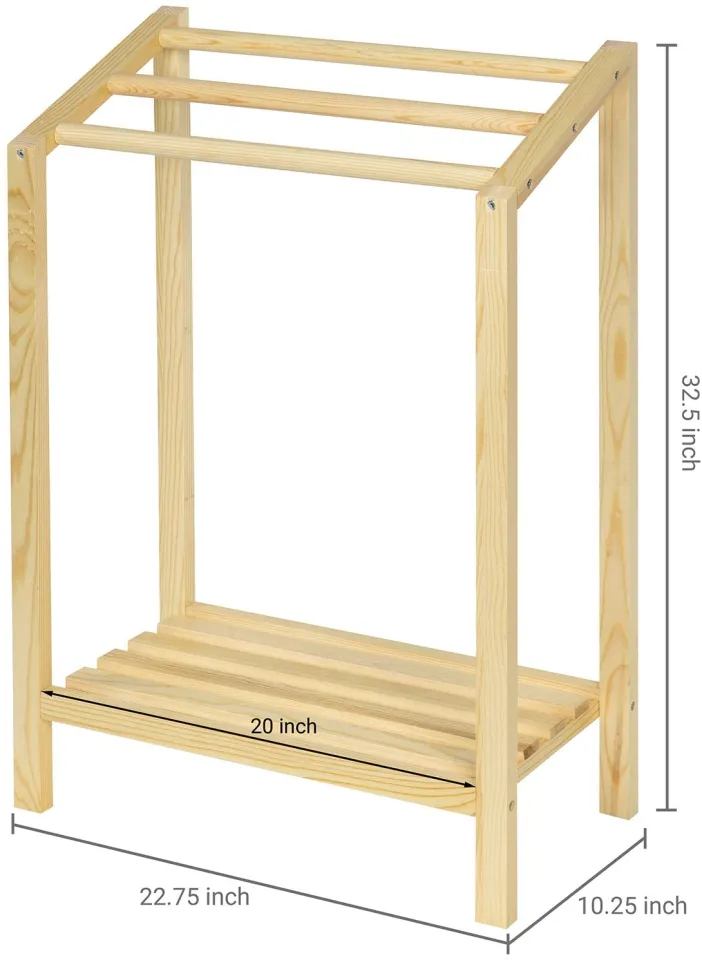 Natural Beige Wood Bathroom Towel Rack with Bottom Storage Shelf