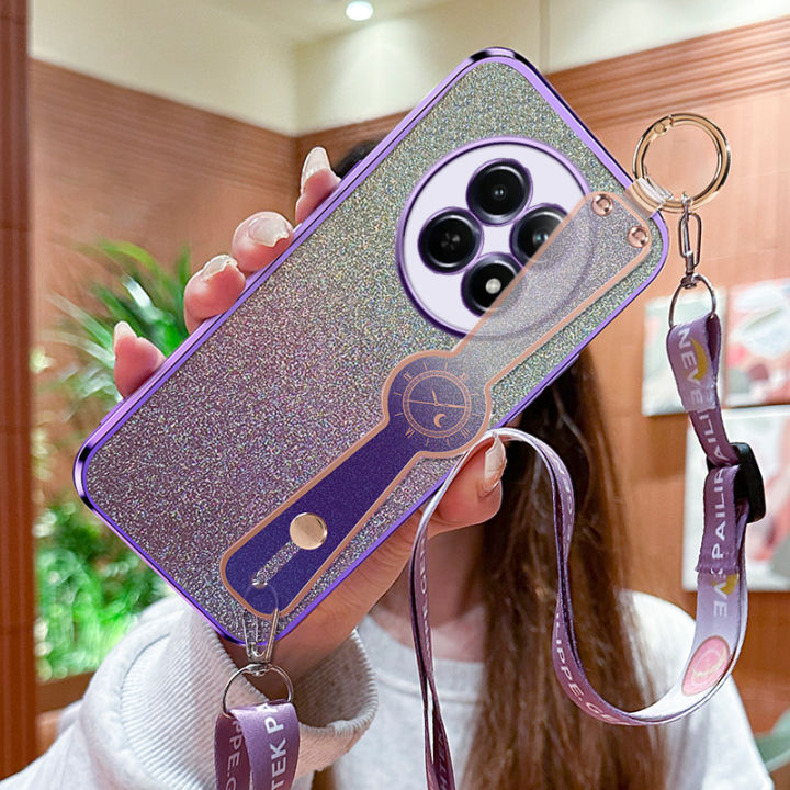 For Realme 12 5G 12x 5G Narzo 70x 5G C65 5G Flash powder electroplating Wrist strap bracket Phone Case Whit lanyard