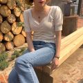 Korean Style V-neck Knitted Crop Top Women summer Casual Short Sleeve girls Blouse tee tops. 