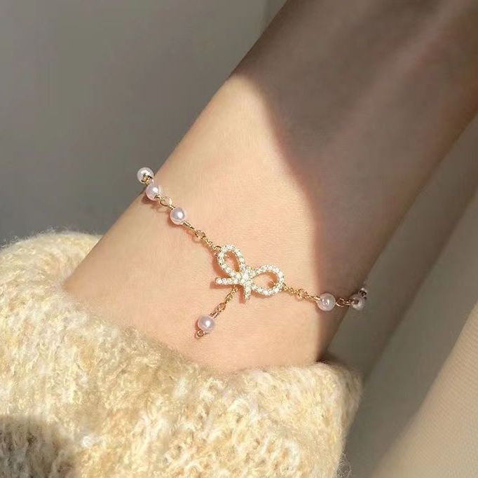 SSA New Korean Bracelet Gelang Tangan Simulated Pearl Ribbon Bowknot Charm for Women Wedding Gift