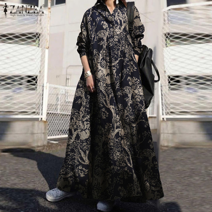 ZANZEA Women Long Sleeve Retro Floral Printed Kaftan Baggy Gown Abaya Maxi Dress