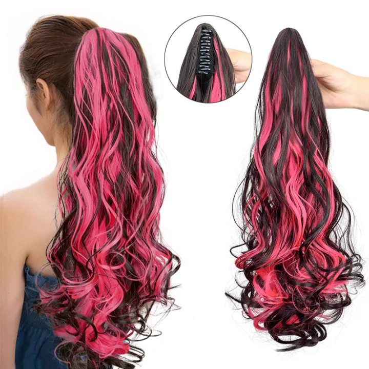 18%20Inch%20Long%20Curly%20Wig%20with%20Deep%20Purple%20Red%20Sky%20Blue%20Ponytail%20and%20Large%20Claw%20Clip%20Synthetic%20Fake%20Ponytail%20Extension%20-%20Image%203