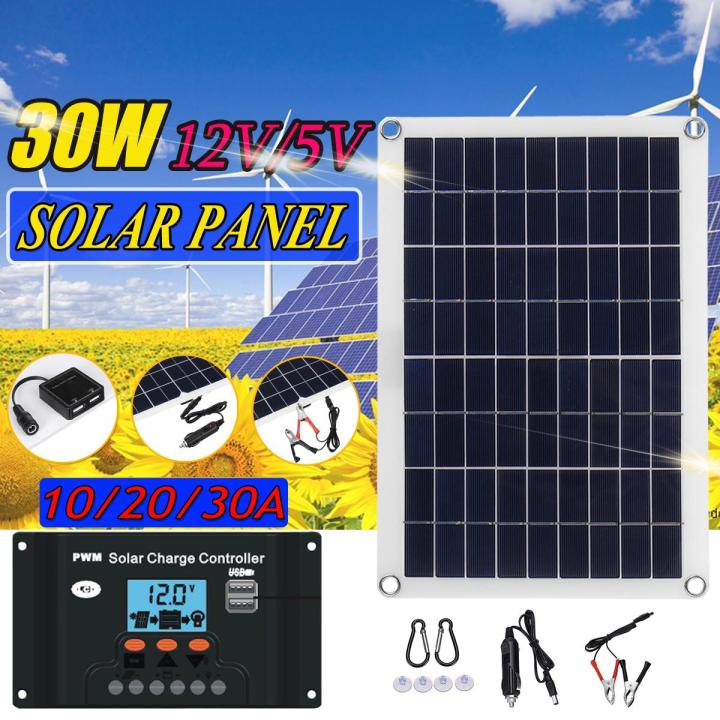 30W 12V Dual Tools DIY USB Flexible Solar Panel Battery Charger Kit Car ...