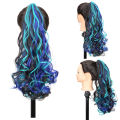 18 Inch Long Curly Wig with Deep Purple Red Sky Blue Ponytail and Large Claw Clip Synthetic Fake Ponytail Extension.