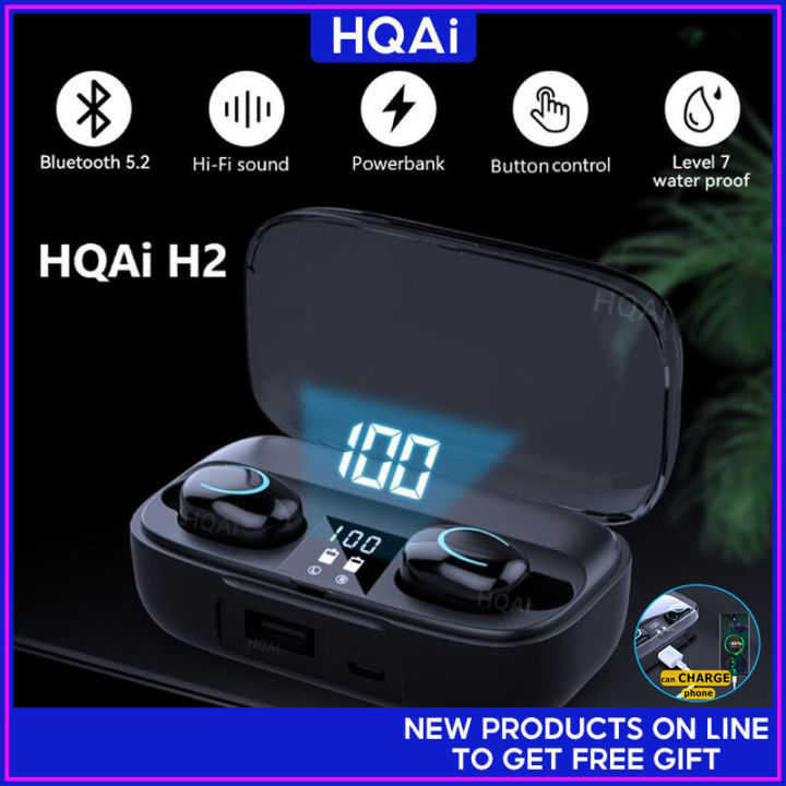 HQAi H2 Wireless Headset Bluetooth Earphones Build-in Microphone Earpods Hifi Bass Sound Quality Earbuds Long Battery Life Noise Cancellation Sport Waterproof Head Set for All Cellphone Tablet Phone