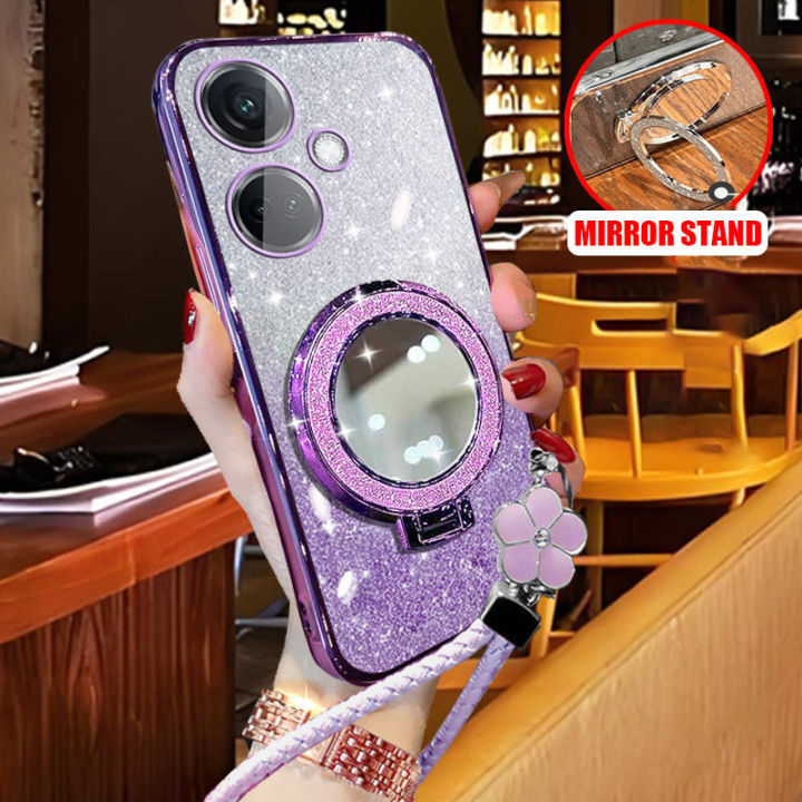 For OnePlus Nord CE 3 Lite / Nord CE3 Case with Braided Lanyard + Makeup Mirror Stand Luxury Shiny Plating Glitter Girls Phone Cases