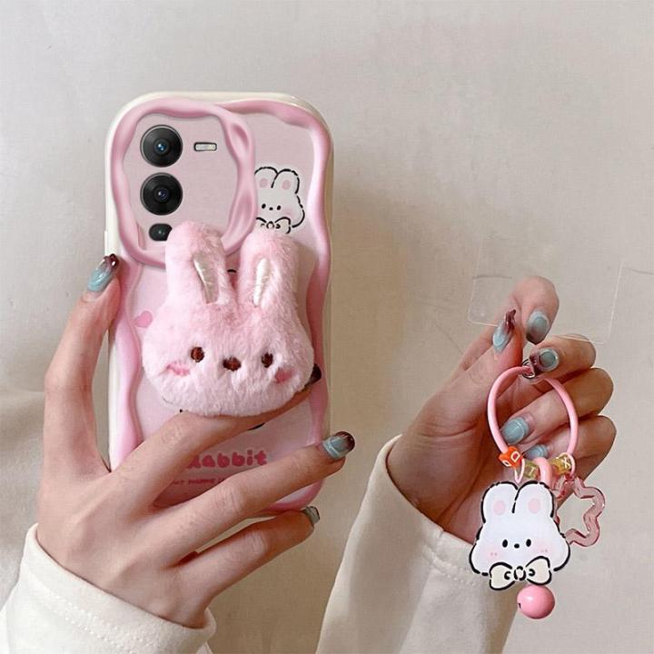 xprmy for Vivo V25 Pro Cream Edge TPU Silicone Soft Case Cute Plush Doll Coal Ball Rabbit Strawberry Bear Frog Phone Case With Hanging Ring