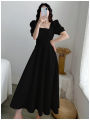 Women Korean Hepburn Style Square Neck Puff Sleeve Temperament Thin A e Skirt Long Dress Black White Red. 