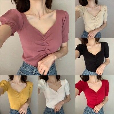 Korean Style V-neck Knitted Crop Top Women summer Casual Short Sleeve girls Blouse tee tops