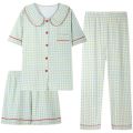 INTIMA Shorts/Long Pants Green Pamas for Women Korean Ins Style Sleepwear Lapel Casual Button Plaid Homewear Pama Set Ladies 2-pieces Loose and Comfortable. 