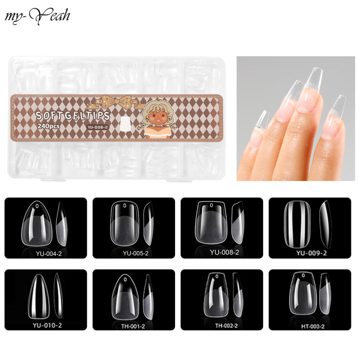 Myyeah 240Pcs Matte False Nail Tips Almond Coffin Fake Nail Tips Full Cover Artificial UV Gel Quick Extension DIY Manicure Tools