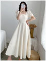 Women Korean Hepburn Style Square Neck Puff Sleeve Temperament Thin A e Skirt Long Dress Black White Red. 