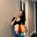 Korean Style V-neck Knitted Crop Top Women summer Casual Short Sleeve girls Blouse tee tops. 