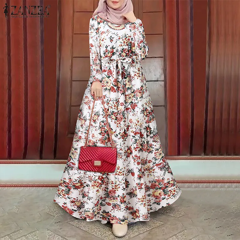 ZANZEA Muslimah Women Muslim Long Sleeve Belted Layered Floral A-Line  Holiday Maxi Dress | Daraz.com.bd