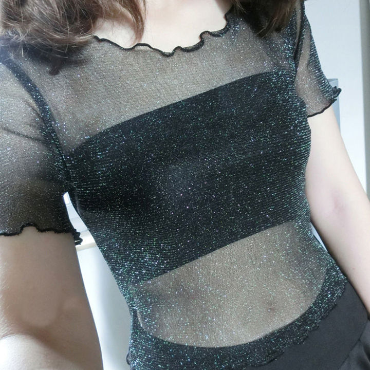 shemi%20O-Neck%20Short%20Sleeve%20Sheer%20Trim%20Crop%20Top%20Women%20See-through%20Glitter%20Mesh%20Tee%20Shirt%20Streetwear%20Trendy%20Women%20T-shirt%20-%20Image%204