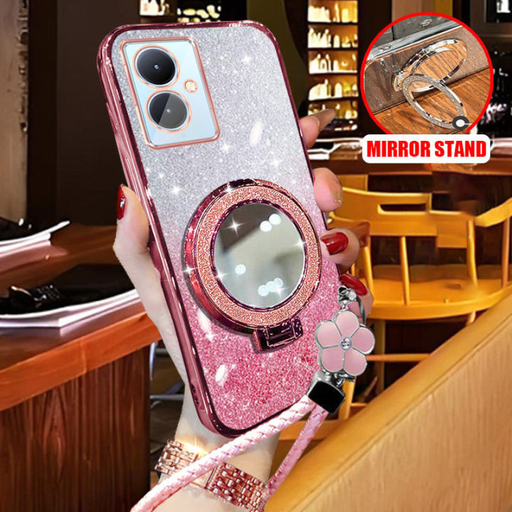 For Realme Note 60 4G / Realme Note 60x 4G Case with Braided Lanyard + Makeup Mirror Stand Luxury Shiny Plating Glitter Girls Phone Cases