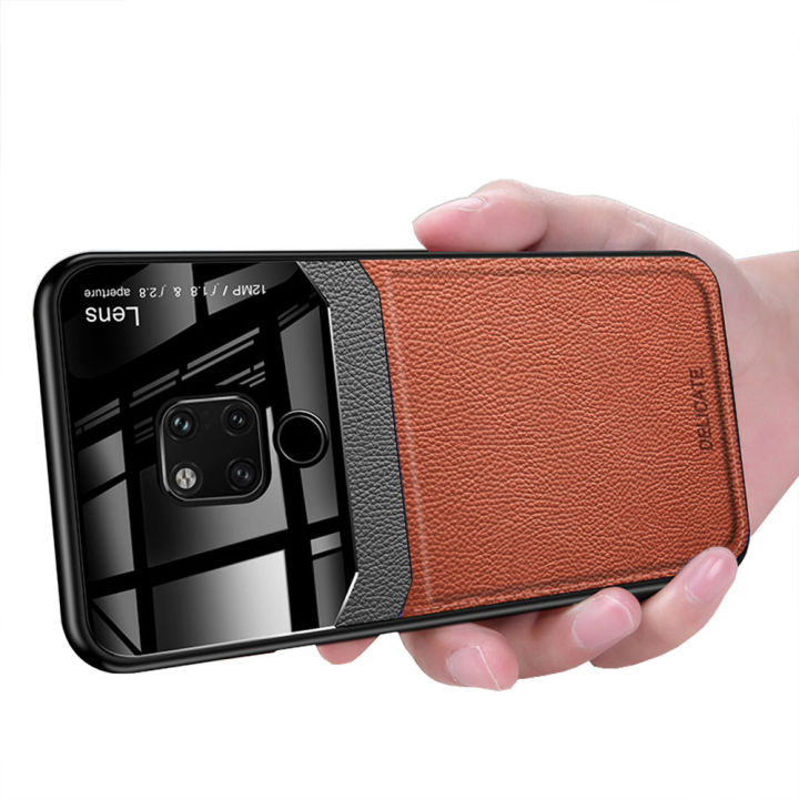 lthmy for Huawei Mate 20 X Business Slim Litchi Skin Anti-slip TPU Bumper Hybrid Glass Lens Protective Case Cover