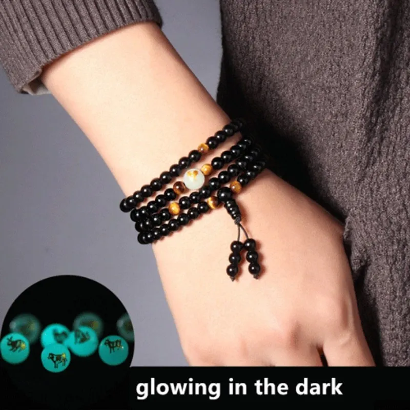 Obsidian Luminous Bracelet -Buddhist Beads Dragon Zodiac Couple