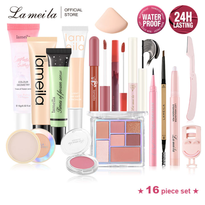 Lameila Professional Makeup Set 16 Piece BB Cream Eyeliner Pencil Eyebrow Pencil Mascara Eye Shadow Lipstick Set Powder Concealer Pre Makeup Lotion Cream Makeup Tool Set
