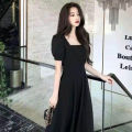 Women Korean Hepburn Style Square Neck Puff Sleeve Temperament Thin A e Skirt Long Dress Black White Red. 