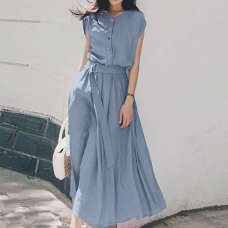 knee length dresses for ladies Korea Style Loose Linen Maxi Dresses For Women Q3093 FantasyLinen
