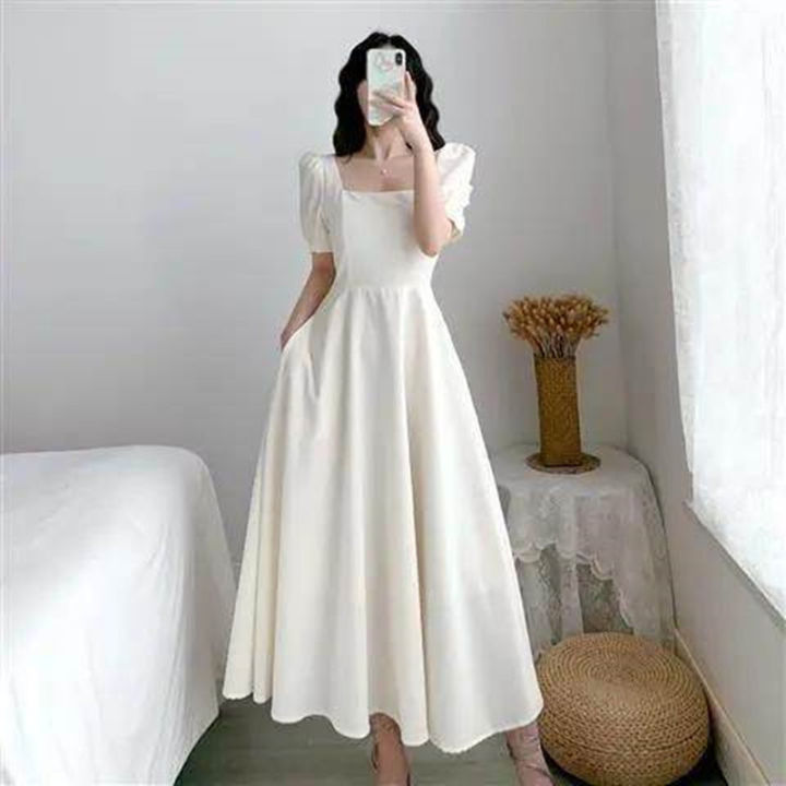 Women Korean Hepburn Style Square Neck Puff Sleeve Temperament Thin A e Skirt Long Dress Black White Red