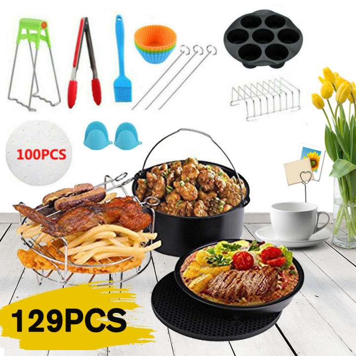 Air Fryer 129Pcs Air Fryer 6" /7" /8" Frying Baking Pan Rack Pizza Tray Pot Tool Accessory