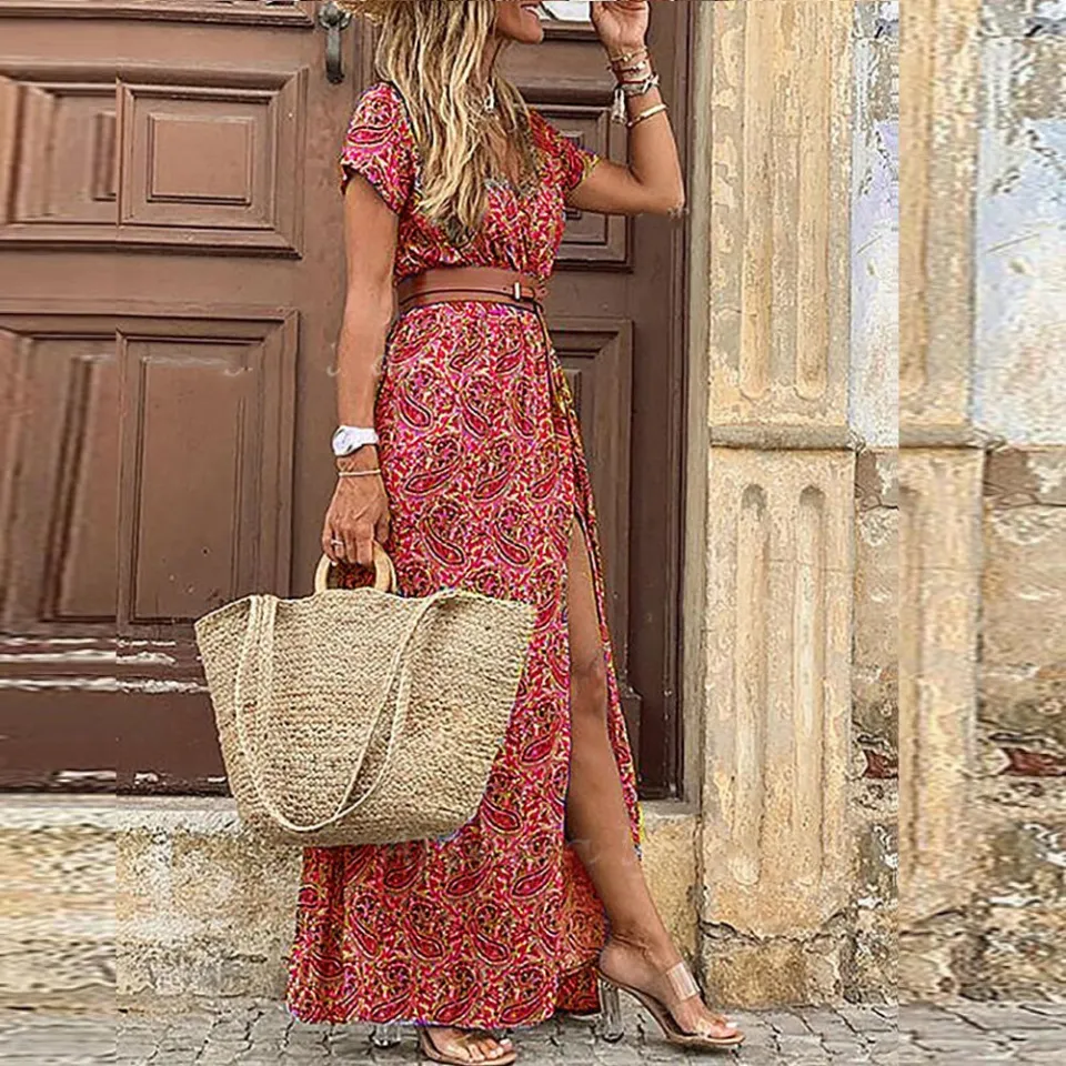 2021 Summer V-neck Short Sleeve Boho Maxi Dress Women Retro Floral