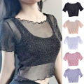 shemi O-Neck Short Sleeve Sheer Trim Crop Top Women See-through Glitter Mesh Tee Shirt Streetwear Trendy Women T-shirt. 