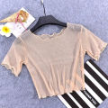 shemi O-Neck Short Sleeve Sheer Trim Crop Top Women See-through Glitter Mesh Tee Shirt Streetwear Trendy Women T-shirt. 