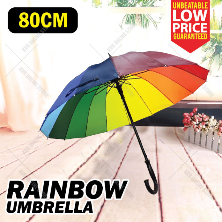 16 Ribs Rainbow Umbrella Curved Handle Waterproof Raining Sun Protection Parasol