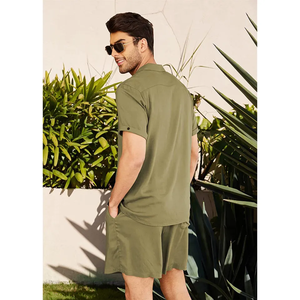 Men Linen Shirt Shorts Set Summer Loose Casual Short Sleeve Lapel Cardigan Tops Shorts Suit Daraz.lk