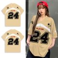 Red number 24 womens T-shirt V-neck loose fit top oversized cool short sleeves. 