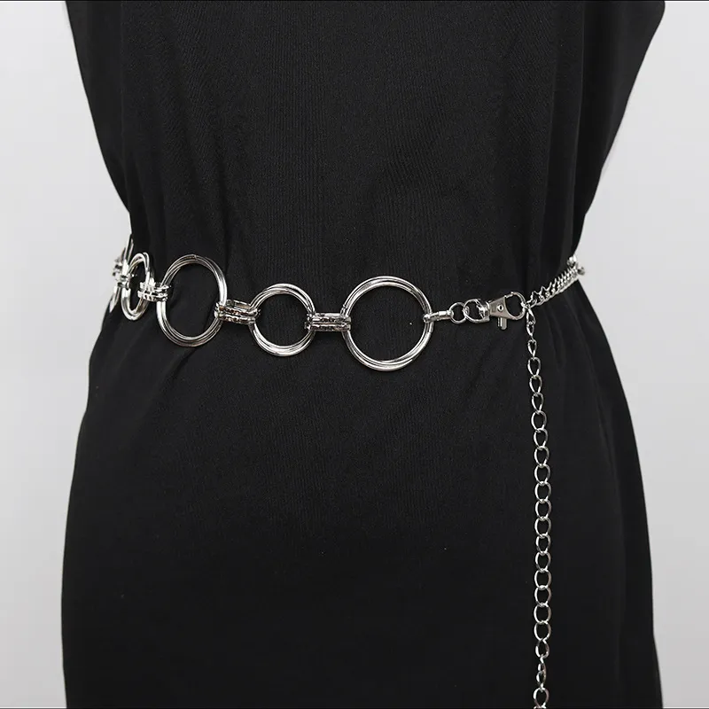 Womens Belts Silver Ring Chain Belt Metal Polygon Geometry Belts