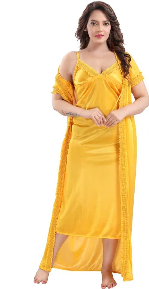 Fashionable 2 Part Nighty Ladies Sexy Silk Satin Night Dress 2 part Nabiha  Fashion Sleeveless Nighties