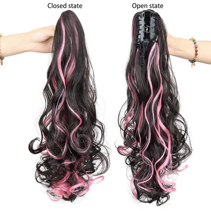 18%20Inch%20Long%20Curly%20Wig%20with%20Deep%20Purple%20Red%20Sky%20Blue%20Ponytail%20and%20Large%20Claw%20Clip%20Synthetic%20Fake%20Ponytail%20Extension%20-%20Image%204